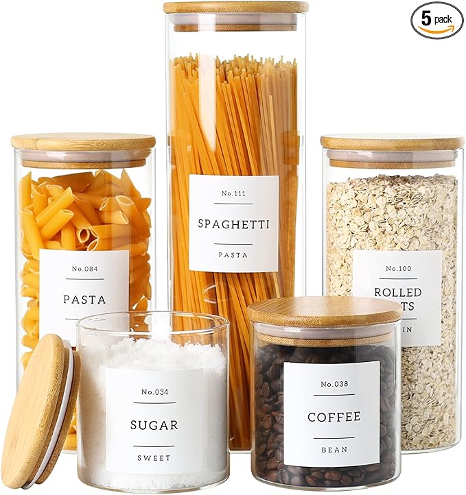 CZSZYGHBAO 5 Pack Glass Jars with Bamboo Airtight Lids - Stackable Food Storage Containers with 132 Pantry Labels - with Wood Lid for Candy, Cookie