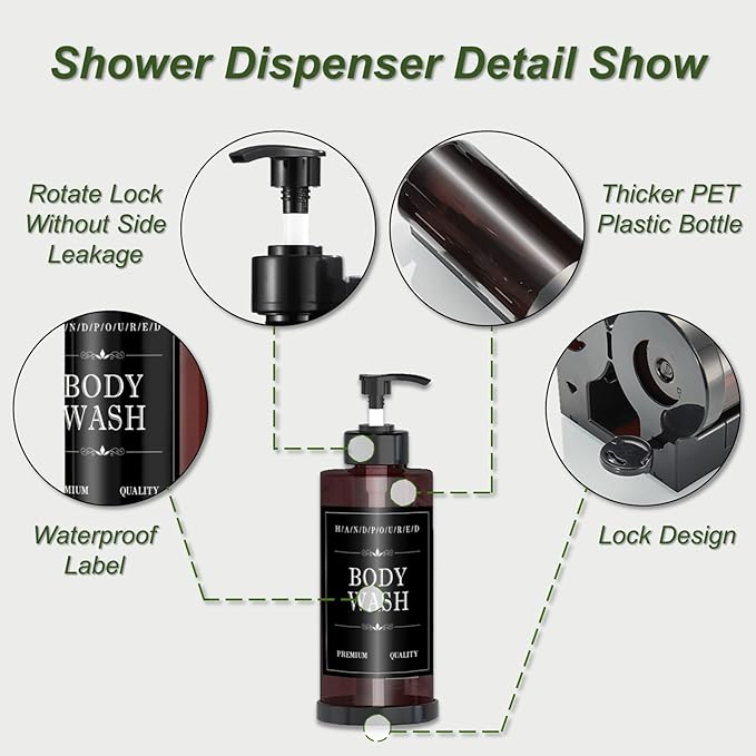 Shampoo and Conditioner Dispenser for Shower Wall, Body Wash Dispenser with 5 Waterproof Labels, No-Drill Wall Mounted Shower Soap Dispenser for Bathroom Decor Upgrade - Brown 1 Chamber