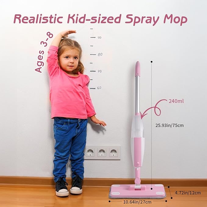 Hilsoeet Kids Spray Mop Pink, Real Working Water-Spraying Toy, Montessori Mini Mop with 2 Microfiber Washable Pads, Toddler Cleaning Set for Floor, Christmas Birthday Gifts for Age 3 4 5 6 7 8