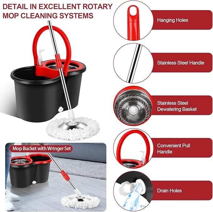 Mop and Bucket with Wringer Set, 360 Floor Cleaning Stainless Steel Mop Bucket, 3 Microfiber Mop Refills, 61" Extended Handle, Black/Red (Set of 2)