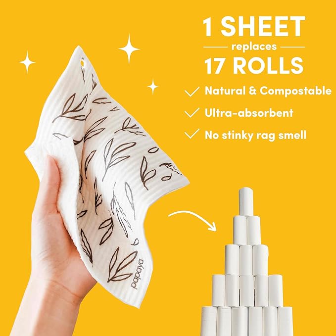 Papaya Reusable Paper Towels, Premium Swedish Dishcloths with Hook, Non-Scratch Reusable Paper Towel, 1 Sheet Replaces 17 Rolls - 2 Sheets, 1 Hook
