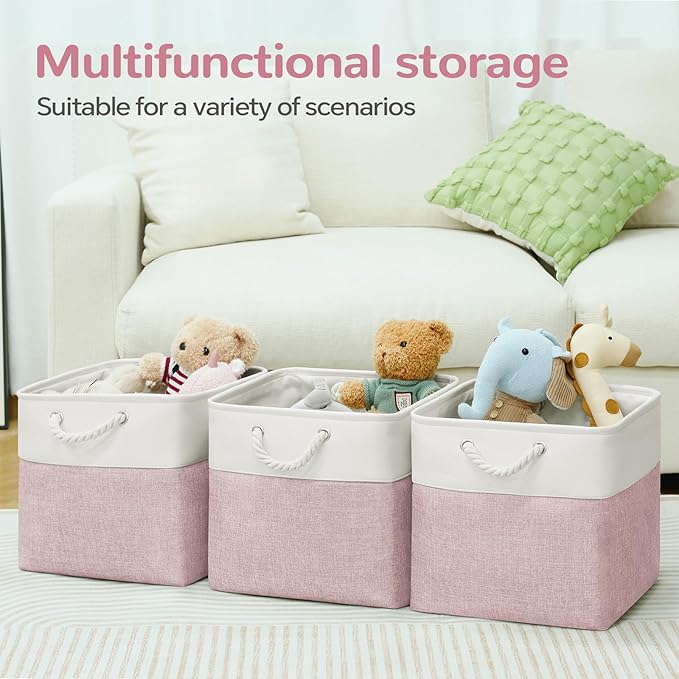 12 x 12 Inch Cube Storage Bins, White/Pink