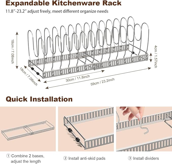 Housolution Pot and Pan Organizer Rack for Cabinet, Stainless Steel Expandable Pot Lid Organizer with 14 Adjustable Dividers