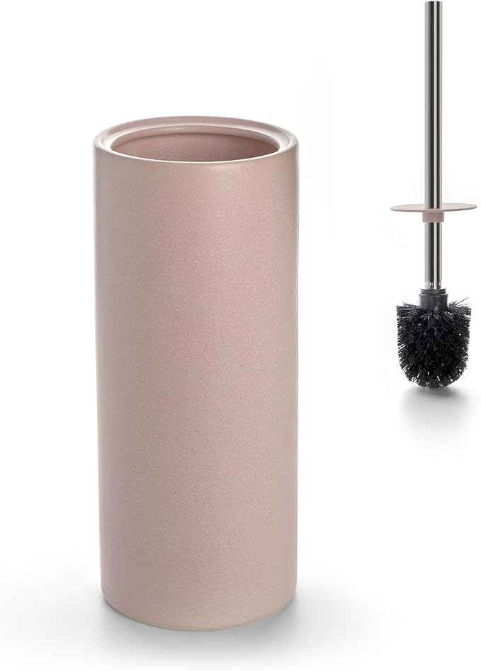 Matt Pink Ceramic Toilet Brush and Holder Set, Freestanding Toilet Bowl Cleaners Brush, Scrubber Brush for Toilet, Bathroom Accessories with Stainless Handle, Deep Cleaning