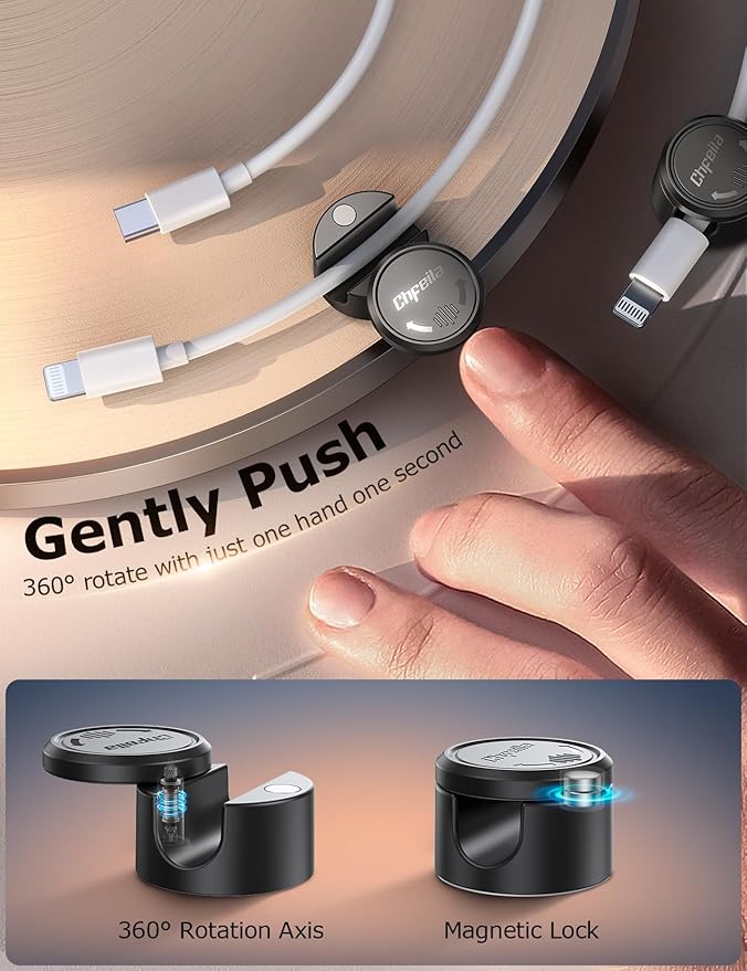 16Pack Cord Organizer, Chfeila [360°Rotating Twist-Lock] Magnetic Cable Management Clips, Adhesive Phone Charging Keeper Wire Cord Holder for Nightstand/Car/Wall, Office Desk Accessories Decor (Black)