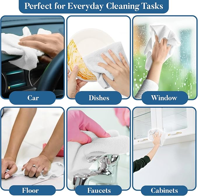 Dan River Tear Away Microfiber Cleaning Towel Roll - 30 Pack, 12x12 Inch Reusable Cloths for Dust, Kitchen, Bathroom, Cars - Scratch-Free, Lint-Free Cleaning Supplies (White)