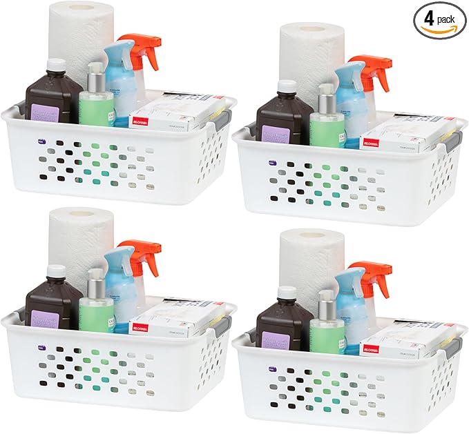 IRIS USA Plastic Basket, 4-Pack, Medium, Shelves Storage Basket for Organizing Pantry, Office, Craft Room, Cabinet, Bedroom, Closet, Laundry Room, White