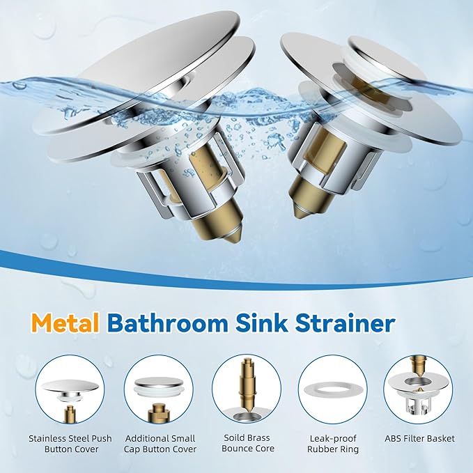 Universal Bathroom Sink Stopper, Metal Pop Up Sink Drain Strainer with Detachable Hair Catcher, Fits 1.1"-2.36" US Basin