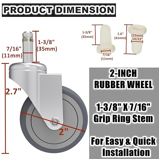 RILIDRI 2-Inch Swivel Stem Caster, 7/16-Inch Stem Diameter Rubber Wheel, Thermoplastic Rubber TPR Replacement Wheels for Weber Grill Shop Vac - 4 Pack
