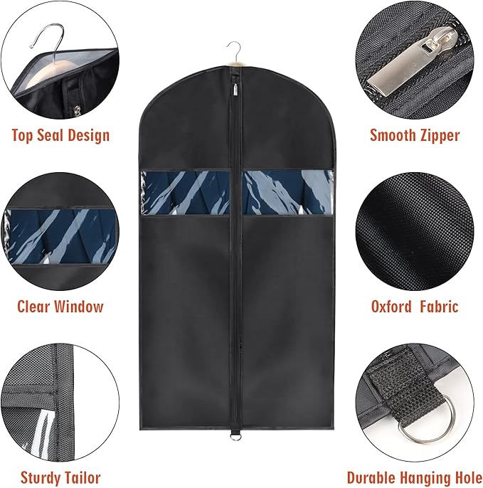 8 Pack Suit Bags 43" Waterproof Black Garment Bag