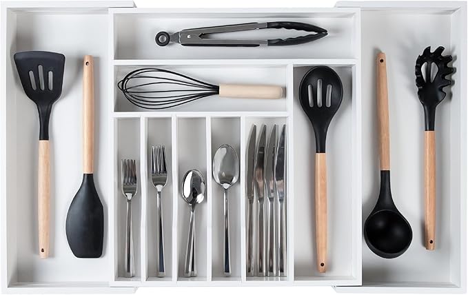 KitchenEdge Premium Silverware, Flatware and Utensil Organizer for Kitchen Drawers, Food-Safe Contract Grade, Expandable from 16 to 28 In, White Bamboo