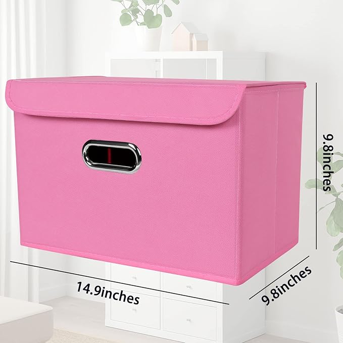 STOREONE Fabric Storage Cube Bins Foldable Organizer Container Collapsible Basket with Lids and Metal Handles, for Home, Bedroom, Closet 3 Pcs (Pink)