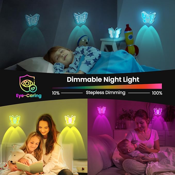 LOFTEK Rechargeable Motion Sensor Light, RGB Color Changing & Dimmable Night Light, Cute Butterfly Light for Kids' Bedroom, Bathroom, Hallway, Tent & Stairs - Ideal Home Decor & Gift, Yellow of 4