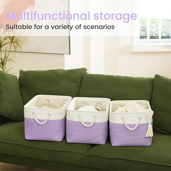 Large Storage Baskets- 15x11x10 inch Storage Bins for Shelves and Closet Organizing, Foldable Fabric Bin for Home Organization Clothes and Laundry (6-Pack, White&Purple)