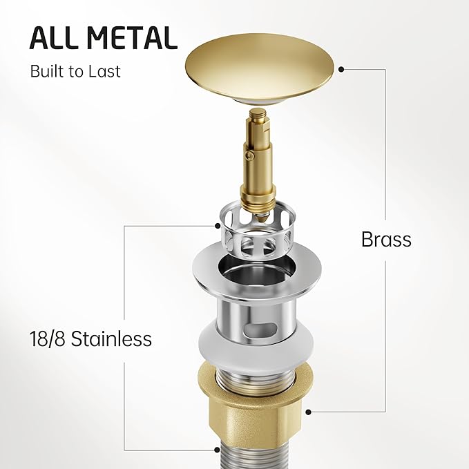 KES All Metal Bathroom Sink Drain with Overflow, 2 Pack, Lavatory Vanity Pop Up Drain with Detachable Hair Catcher, Rustproof 18/8 Stainless Steel