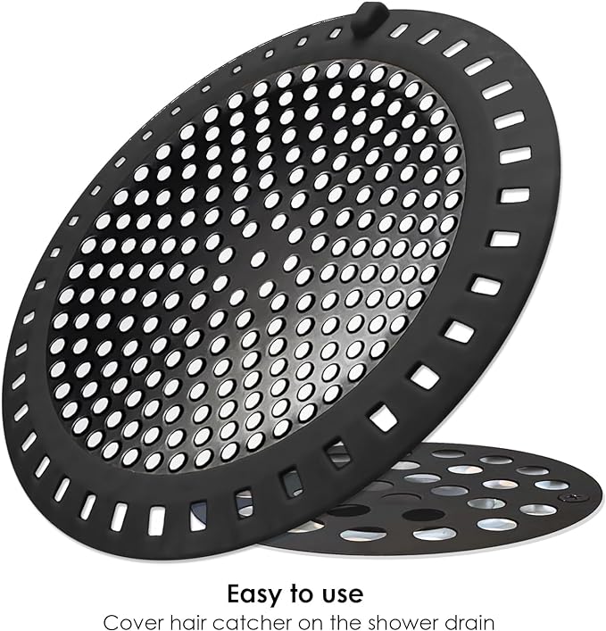 Seatery 2PCS Shower Hair Drain Catcher/Strainer/Cover/Filter/Trap, Hair Stopper Floor Drain, Stainless Steel with Silicone Edge Drain Protector, Black