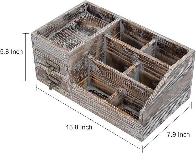 Liry Products Rustic Torched Wooden Desktop Organizer Dark Brown Tabletop