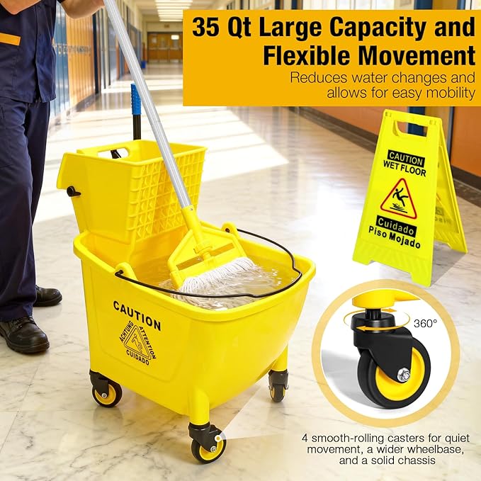 35 Qt Commercial Mop Bucket with Side Press Wringer on Wheels,Heavy Duty Industrial Mop and Bucket Set for Floor Cleaning,Including 1 Wet Floor Caution Sign for Household and Business,Yellow