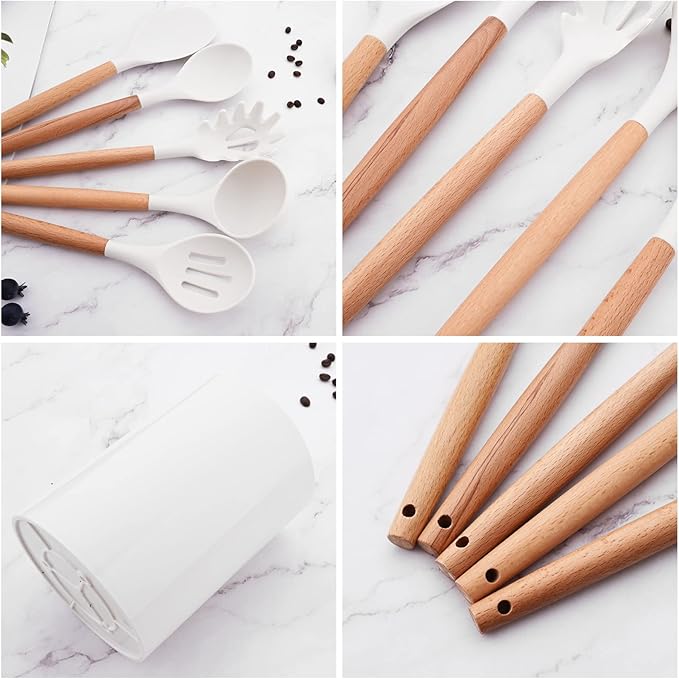 12pcs Wooden Handle Silicone Kitchen Utensils Set, Non-Stick Silicone Cooking Utensils, White Spatula Set, Turner Spoon, Brush Whisk, Gadgets Tools for Cookware Baking