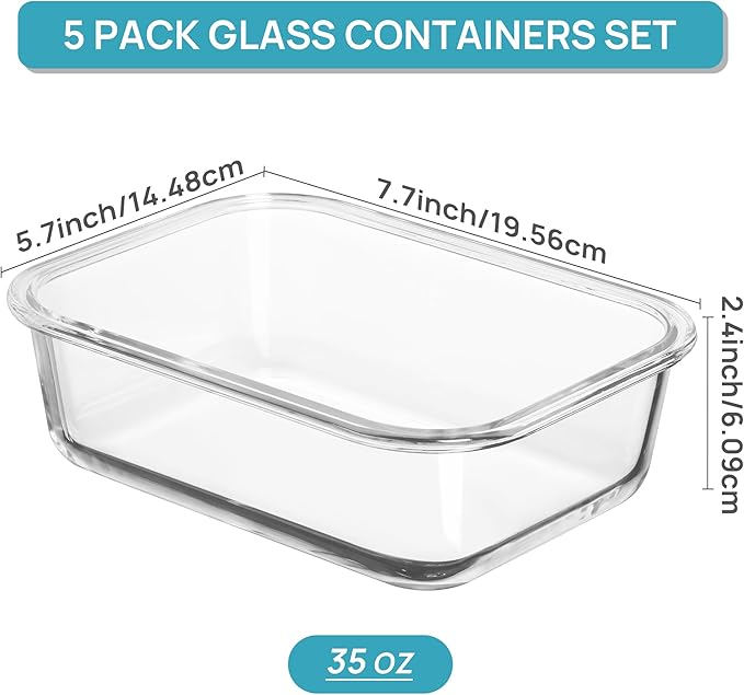 Vtopmart 5 Pack 35oz Glass Food Storage Containers with Lids, Meal Prep Containers, Airtight Reusable Lunch Container Set, Safe for Oven, Microwave