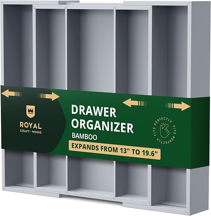 ROYAL CRAFT WOOD Luxury Bamboo Kitchen Drawer Organizer - Silverware Organizer - Utensil Holder and Cutlery Tray with Grooved Drawer Dividers for Flatware and Kitchen Utensils (5 Slot, Gray)