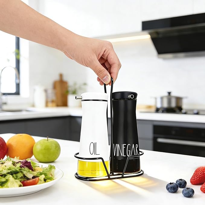 Aelga Oil And Vinegar Dispenser Set with Caddy - 2 Pack Oil Dispenser Bottles for Kitchen with No-Drip - Kitchen Decor and Accessories for Home Restaurants Weddings, Black & White