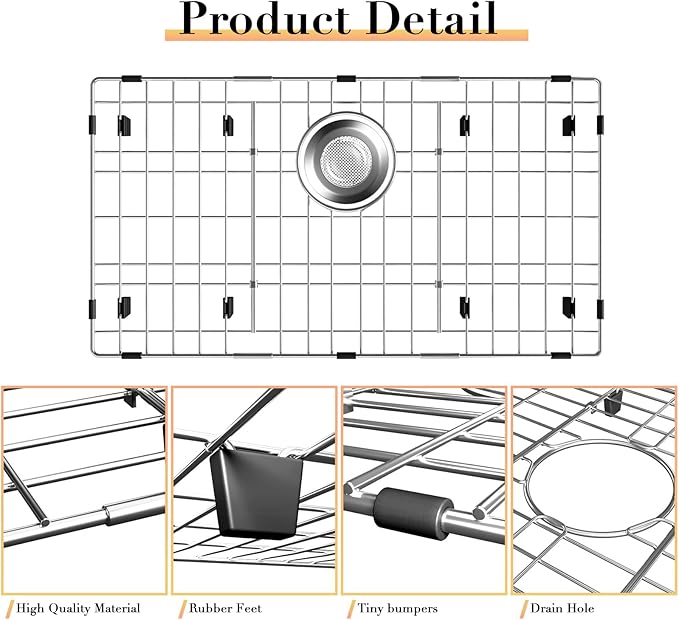 26-1/8’’ x 14-1/8’’ Stainless Steel Sink Grid, Sink Protectors for Kitchen Sink, Sink Protector with Rear Drain for Single Sink Bowl, Sink Bottom Grid, Sink Grate for Bottom with Sink Strainer