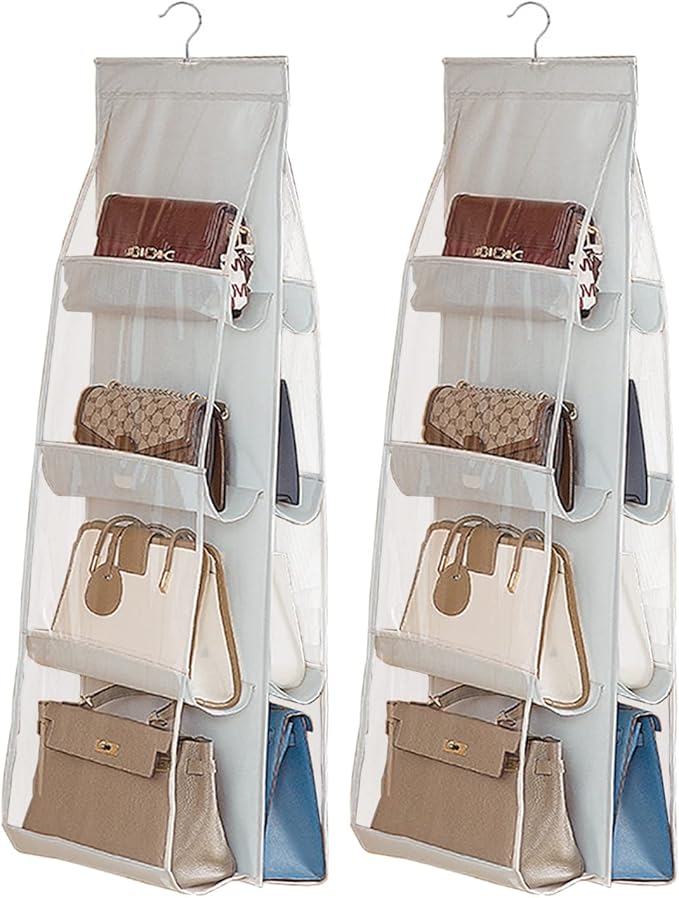 AARAINBOW 2 Packs Hanging Handbag Purse Organizer for Closet, 8 Pockets Space Saving Purse Storage Organizers, Wardrobe Bag Organizer Pocketbook Organizer, 45.7 L x 14.1W (2 Light Gray)