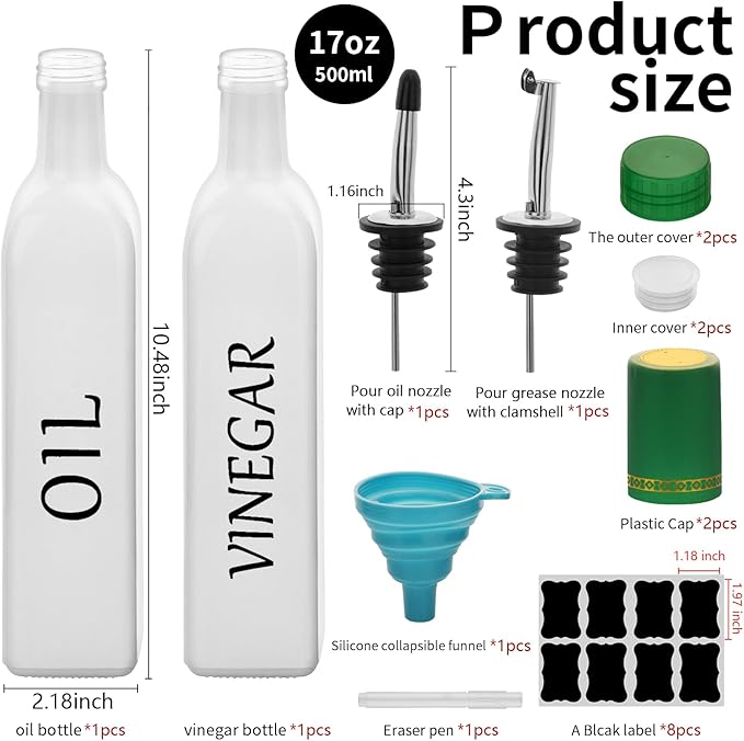 Olive Oil Dispenser Bottle,2 Pcs 17oz 500ml Glass O il and Vinegar Dispenser Set with 2 Stainless Steel Pourers, 8 Labels,Funnel Vinegar Bottles for Kitchen (White)