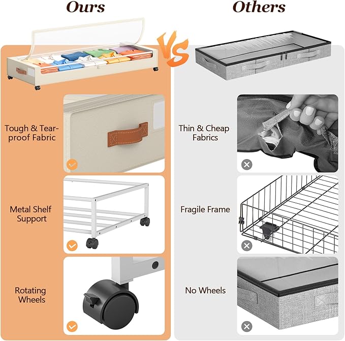 Under Bed Storage with Wheels 2 Pack, Beige