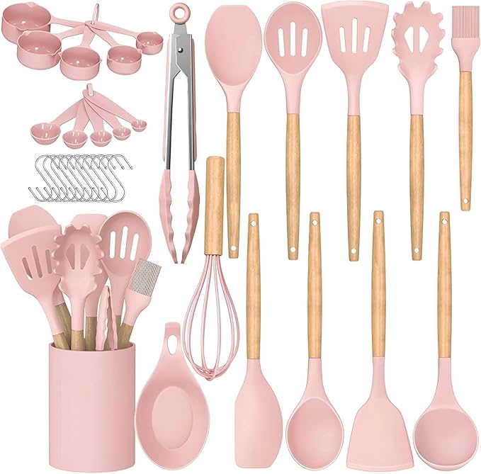 Premium Silicone Kitchen Cooking Utensils Set, 33pcs – 446°F Heat Resistant, Non-stick, BPA-Free, Wooden Handles, Spatula, Turner, Tongs, Spoon, Brush, Whisk – Essential Cooking Gadgets (Pink)