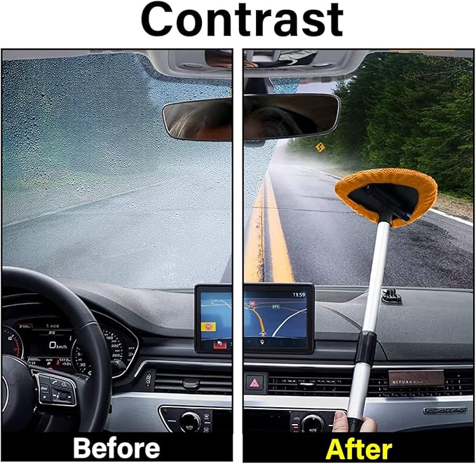 Windshield Cleaning Tool, Car Window Cleaner with 4 Washable Reusable Microfiber Pads, Extendable Long Handle Glass Wiper Cleaning Kit