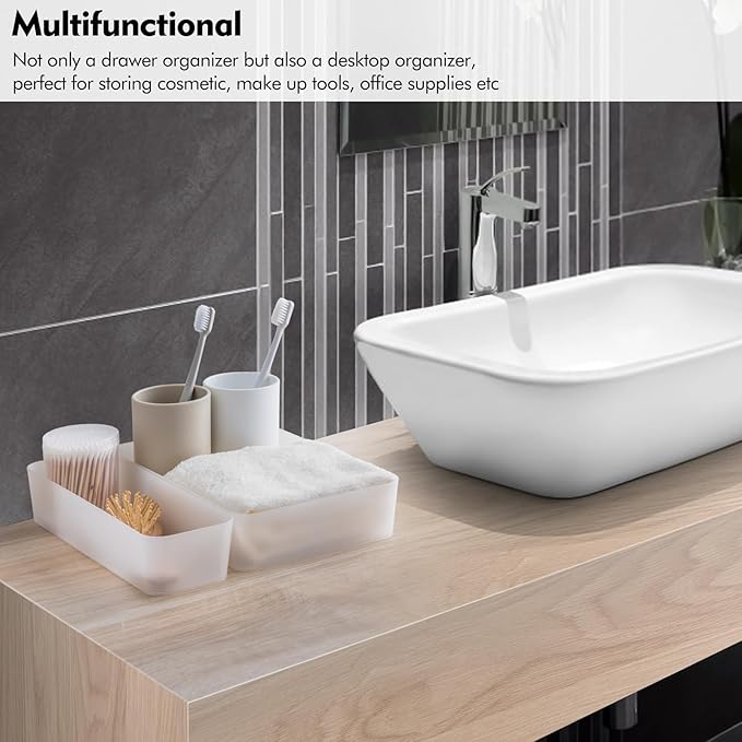Poeland 15 Pcs Drawer Organizer Tray Storage Box for Bedroom Dresser Bathroom Kitchen, Frosted