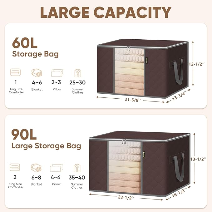 BALEINE 4 Pack Clothes Storage Bags, 16 Gallon Storage Containers with Reinforced Handle, Sturdy Zipper, Closet Organizer for Blanket, Comforter