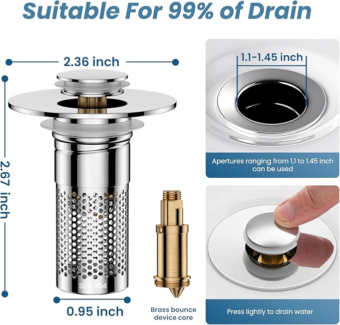 Bathroom Sink Drain Strainer，Pop Up Sink Drain Filter with Removable Stainless Steel Filter Basket Hair Catcher，Bathroom Drain Stopper Sink Plug