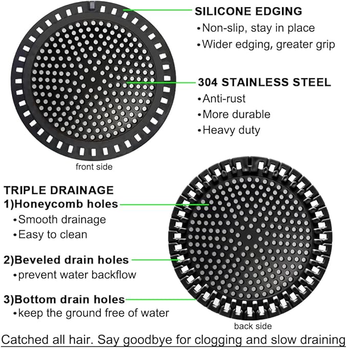 Seatery 2PCS Shower Hair Drain Catcher/Strainer/Cover/Filter/Trap, Hair Stopper Floor Drain, Stainless Steel with Silicone Edge Drain Protector, Black