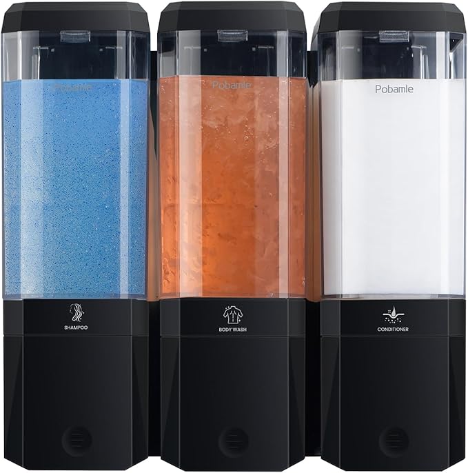 Shampoo and Conditioner Dispenser Wall Mounted, Shower Soap Dispenser No Drill Upadate Easy Slot Install, Shampoo Dispenser for Shower Bathroom Large Capacity 500ml * 3 Chamber Holder Black