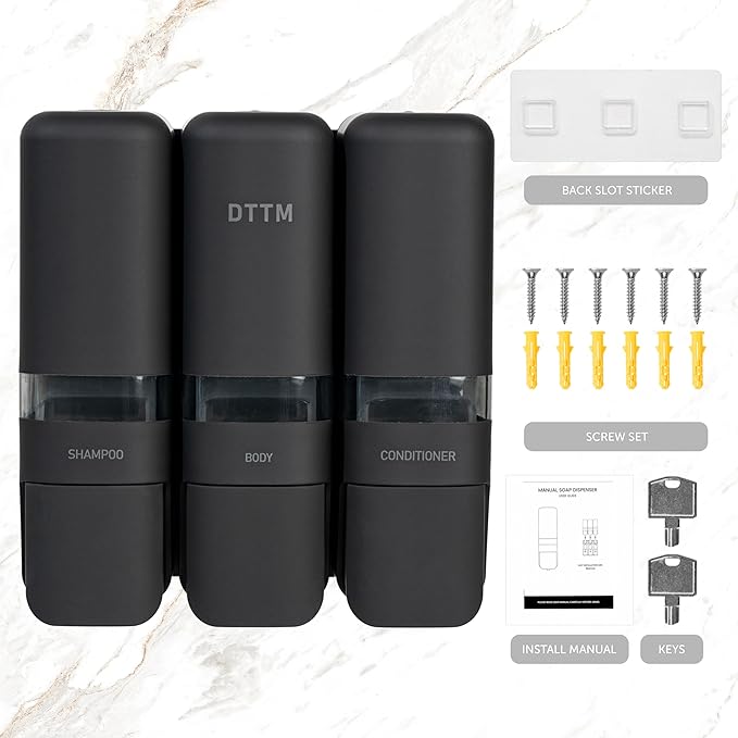 Shower Soap Dispenser 3 Chamber No Drill, Wall Mounted Shampoo Conditioner Body Wash Dispenser, Stick-On Installation, Lockable Matte Black, Refillable 250ml x 3 for Bathroom & Hotel