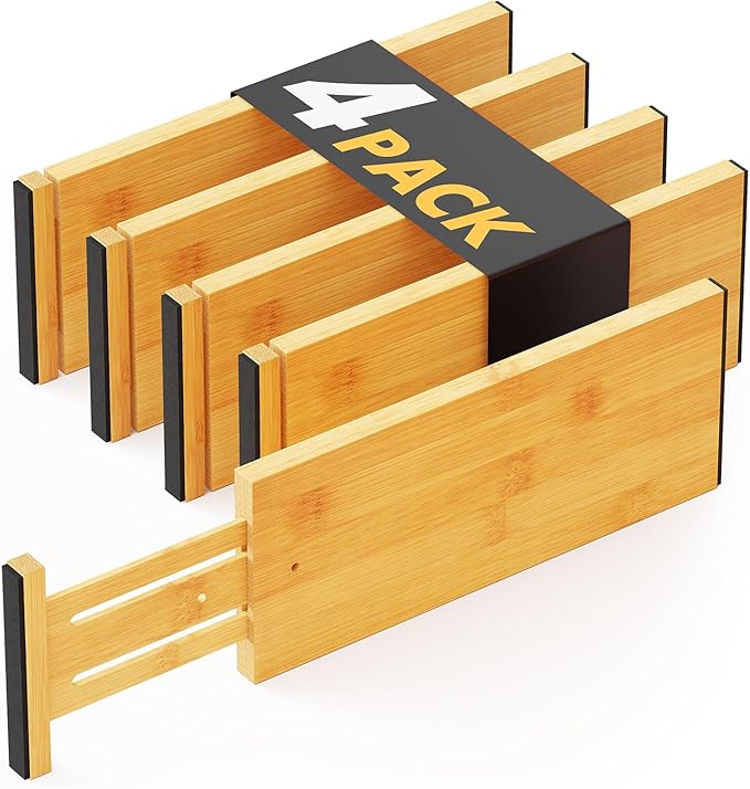 SpaceAid Bamboo 4 Pack Dresser Drawer Dividers, 4.65“ High Adjustable 12.5“-17” Drawer Organizers, Expandable Organization for Clothing, Clothes