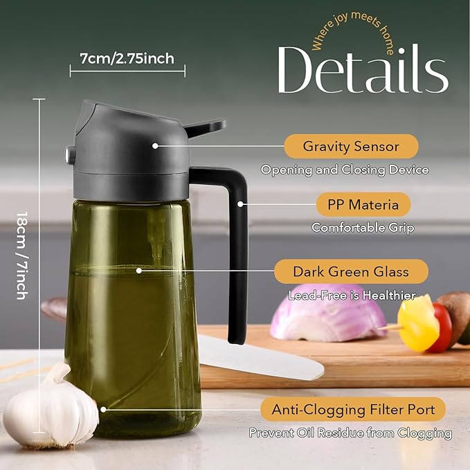 YARRAMATE 16oz/470ml Light-Blocking Dark Oil Sprayer for Cooking, 2 in 1 Olive Oil Dispenser Bottle for Kitchen, Premium Dark Green Glass Oil Bottle, Food-Grade Oil Mister for Air Fryer, BBQ (Black)