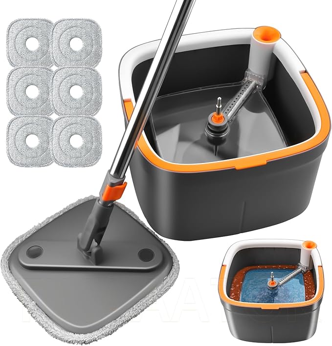 Spin Mop and Bucket Set with Self Separation Dirty and Clean Water System with 6pads, Square Mop Bucket Self Wringing 360° Rotating Clean Floor Mop-Head for Hardwood Tile Marble Floors-6Pads