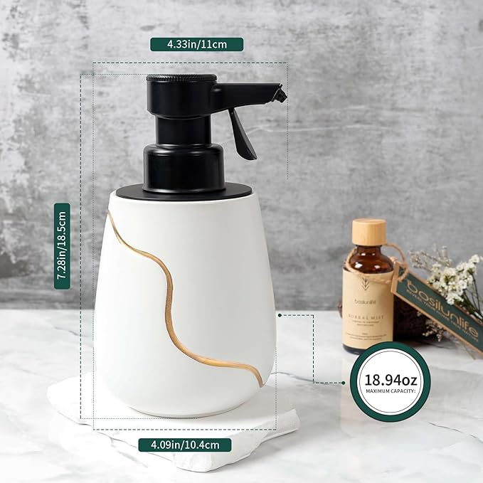 BosilunLife Automatic Foaming Soap Dispenser - Battery Operated Foam Hand Soap Electric Dispenser for Bathroom Ceramic Smart Auto Dish Soap Dispenser for Kitchen Waterproof, White,17 oz