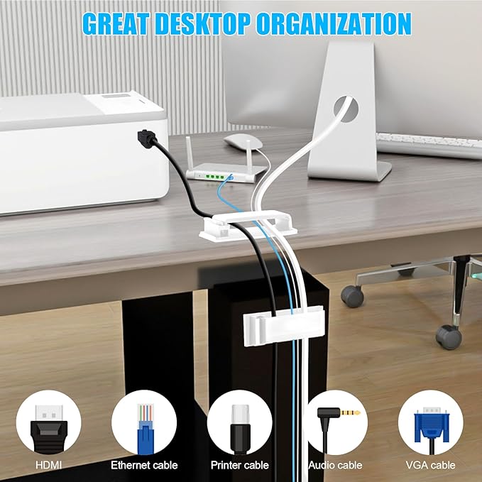 XHF 100 PCS Self Adhesive Cable Clips(L) White,Wire Clips Cable Management Wire Organizer Cord Holder for Under Desk, Car, Wall, TV PC Ethernet Cable