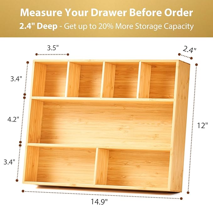 Umilife Large Bamboo Desk Drawer Organizer, Wood Junk Organizer Tray with Adjustable Dividers, Anti-Skip Storage Organization in Office Bathroom Drawer for Vanity, Makeup, 15" x 12"