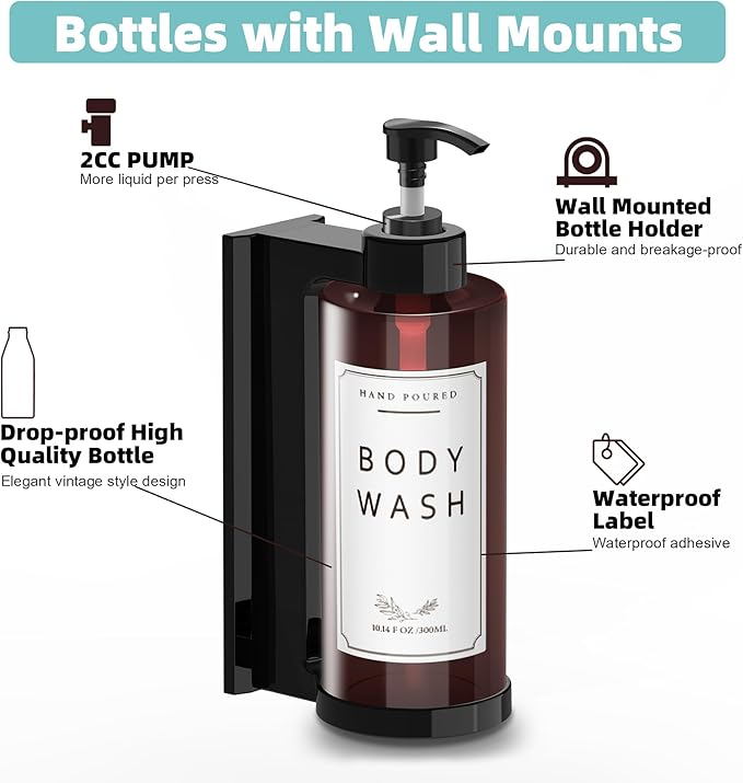 Plastic Soap Dispenser，Wall Mount Shower Pump，No-Drill Wall Mounted Shower Soap Dispenser，Shampoo and Conditioner Dispenser Modern Refillable Shampoo Pump Bottles for Shower Soap
