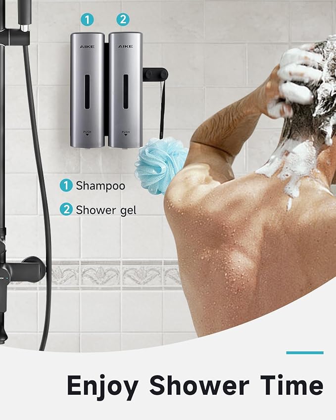 AIKE 2 Chambers Shower Shampoo and Conditioner Dispenser 2 x 11.8 fl.oz. for Bathroom(Silver)