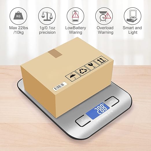 Kitchen Food Digital Scale Portable Postal Scale for Small Business Packages, Handmade Goods, Liquids, LCD Display High-Precision 1g Accuracy (Stainless Steel Black Rechargeable(10kg/1g))
