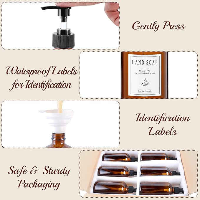 TBWIND 12 Pack Amber Glass Bottles 16oz with Pump Dispensers, Refillable Empty Pump Bottles for Bathroom, Kitchen, Shampoo, Soap, Lotion – Includes 2 Funnels & 12 Labels