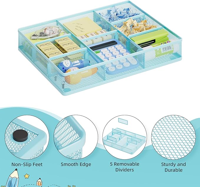 Marbrasse Desk Drawer Organizer, Metal Mesh Drawer Organizer Tray with 5 Adjustable Compartments,Desk Organizers and Accessories for Home,Office