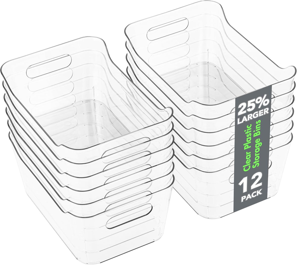 12 Pack Plastic Storage Bins, Multi-Use Organizer Bins, Pantry Organizer, Clear Storage Containers for Home, Kitchen, Office, Cabinet, Shelf and Fridge Organization